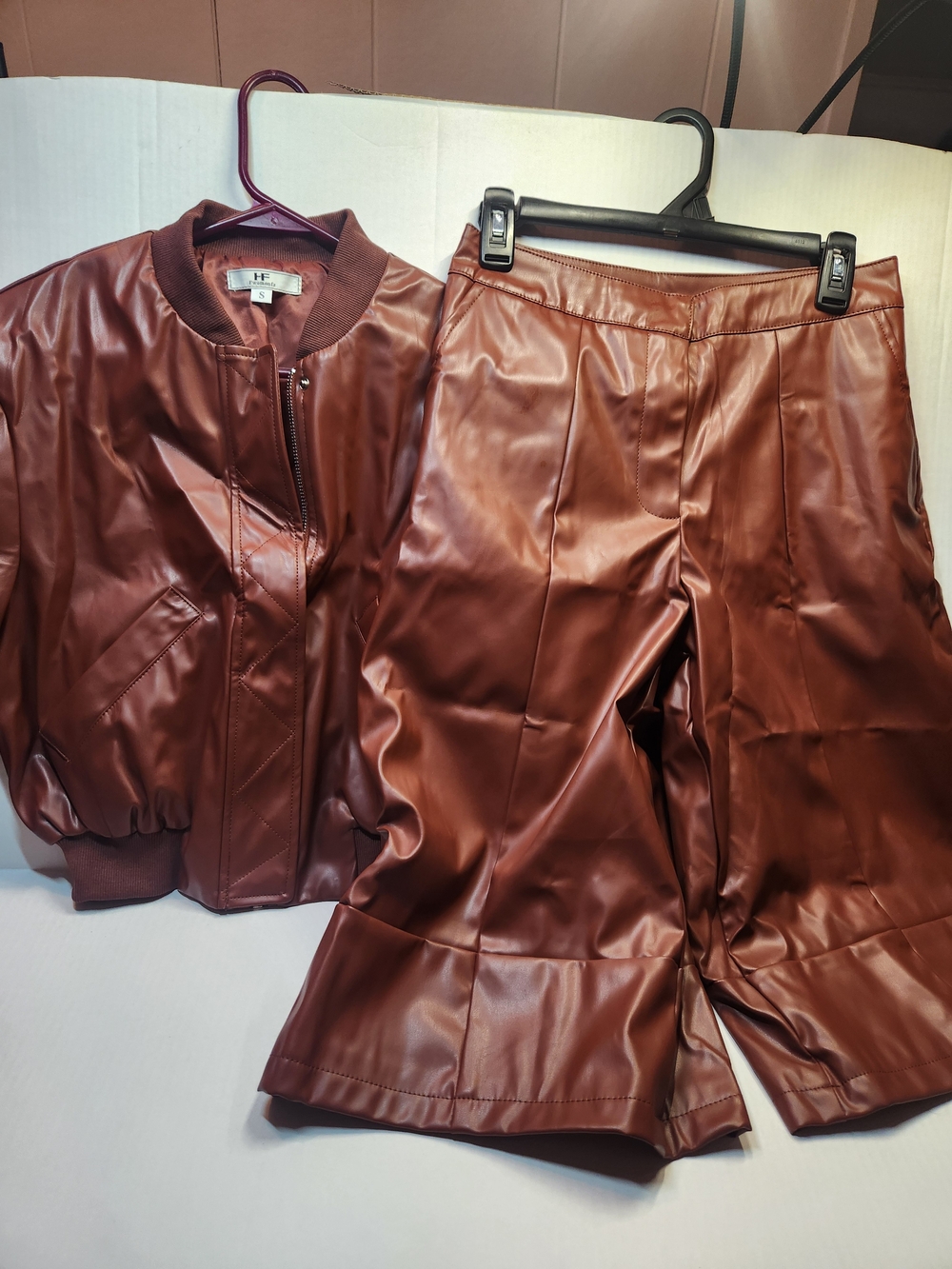 Faux Leather Bomber Jacket & Matching Long Shorts Set - Brown